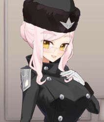 Rule 34 | 1girl, black coat, black hat, blush, breasts, buttons, coat, double-breasted, fate/grand order, fate (series), fur trim, gloves, hair bun, hat, koyanskaya (fate), koyanskaya (russian lostbelt outfit) (fate), kunabishi, large breasts, long hair, long sleeves, looking at viewer, open mouth, pink hair, sidelocks, single hair bun, smile, solo, swept bangs, tamamo (fate), ushanka, white gloves, yellow eyes