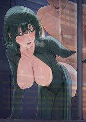 1boy 1girl ano_(gccx8784) bent_over black_dress breasts breasts_out clothed_female_nude_male collarbone dress faceless faceless_male facing_viewer fubuki_(one-punch_man) green_eyes green_hair hetero highres implied_sex large_breasts looking_back nipples nude one-punch_man open_mouth sex sex_from_behind short_hair standing standing_sex sweat