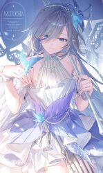 1girl blue_eyes blue_hair breasts bug butterfly butterfly_on_hand closed_mouth commentary_request detached_sleeves dress duplicate earrings fu_hua fu_hua_(azure_empyrea) fu_hua_(cerulean_court) grey_hair hair_between_eyes hair_ornament hands_up highres holding holding_umbrella honkai_(series) honkai_impact_3rd insect jewelry long_hair looking_at_viewer multicolored_hair official_alternate_costume short_sleeves sleeveless sleeveless_dress smile solo streaked_hair teeth toosaka_asagi umbrella upper_teeth_only white_dress wrist_cuffs