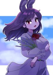 1girl absurdres animal_ears bonnie_(fnaf) bouquet breasts colored_skin commentary_request dress extra_ears eyeshadow five_nights_at_freddy&#039;s five_nights_at_freddy&#039;s_1 flower genderswap genderswap_(mtf) highres holding holding_bouquet humanization large_breasts lips long_hair looking_at_viewer makeup minami_(mnm-kyk) purple_hair purple_skin rabbit_ears rabbit_girl red_eyes ribbon smile solo