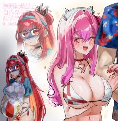 Rule 34 | 1boy, 2girls, angry, ball, beachball, bibie307, bikini, bikini visible through clothes, blue hairband, blush, breasts, choker, commander (nikke), commentary request, curvy, goddess of victory: nikke, hairband, hawaiian shirt, hetero, highres, holding, holding ball, holding beachball, jealous, large breasts, locked arms, long hair, looking at another, multiple girls, navel, open mouth, partially shaded face, pepper (nikke), pepper (ocean vitamin) (nikke), pink hair, ponytail, rapi (nikke), rapi (red hood) (nikke), rapi (red hood) (red flavor) (nikke), red bikini, red choker, red eyes, red hair, see-through clothes, see-through shirt, shaded face, shiny skin, shirt, simple background, smile, stomach, swimsuit, thong, thong bikini, two-tone shirt, very long hair, white background, white bikini, wide hips