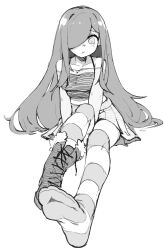 1girl absurdres aria_wintermint bare_shoulders blush boots breasts crop_top feet foot_focus hair_over_one_eye highres k-rha&#039;s long_hair midriff no_shoes pleated_skirt shirt single_boot sitting skirt solo striped_clothes striped_thighhighs the_crawling_city thighhighs very_long_hair