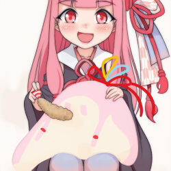 1girl black_dress blush detached_sleeves dress feeding food hair_ribbon holding holding_food kotonoha_akane long_hair long_sleeves looking_at_viewer neck_ribbon open_mouth pink_eyes pink_hair red_ribbon ribbon seyanaa shrimp shrimp_tempura sitting sleeveless sleeveless_dress slime_(creature) smile t_jiroo_(ringofriend) tempura voiceroid white_background white_ribbon wide_sleeves