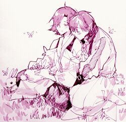 Rule 34 | 2boys, arm belt, bare shoulders, belt, belt buckle, buckle, bug, butterfly, character request, chinese clothes, chinese commentary, closed eyes, commentary request, crossed legs, downturned eyes, fingernails, full body, hair over one eye, hands on lap, hanfu, happy, high collar, insect, kissing shoulder, light blush, long sleeves, male focus, motion lines, multiple belts, multiple boys, off-shoulder jacket, off shoulder, on grass, puffy long sleeves, puffy sleeves, purple theme, rabbit, sato0805, short hair, sitting, sleeveless, traditional media, wangzhe rongyao, yaoi