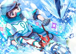 Rule 34 | 1girl, absurdres, bicycle, blush, brown eyes, brown hair, bubble, character print, commentary request, dynamax band, electricity, gen 3 pokemon, gen 4 pokemon, gloria (pokemon), gloves, grey gloves, helmet, highres, holding, making-of available, nintendo, ocean, pokemon, pokemon (creature), pokemon swsh, pon yui, rotom, rotom bike, rotom dex, rotom phone, sharpedo, short sleeves, sparkle, splashing, water