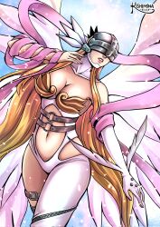 Rule 34 | 1girl, angel wings, angewomon, asymmetrical clothes, belt, boobplate, breastplate, breasts, cleavage, clothing cutout, covered eyes, cowboy shot, digimon, digimon (creature), helmet, helmet over eyes, highres, hip vent, kishimina, large breasts, navel, o-ring, o-ring belt, single leg bodysuit, solo, stomach cutout, winged helmet, wings