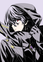 1boy black_gloves black_hair black_hood cid_kagenou gem gloves gold_trim hashtag-only_commentary highres hood hooded_jacket jacket kage_no_jitsuryokusha_ni_naritakute! looking_at_viewer male_focus nakanishi_kazuya pulling_own_clothes purple_gemstone red_eyes shadow_(cid_kagenou) short_hair upper_body