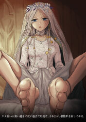 1girl absurdres barefoot blue_eyes doll_joints elden_ring feet highres joints kilokhilioi long_hair looking_at_viewer parted_lips revenant_(elden_ring) soles toes translated veil white_hair