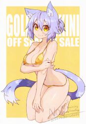 1girl animal_ear_fluff animal_ears arm_under_breasts barefoot bikini breasts cleavage closed_mouth english_text fox_ears fox_girl fox_tail full_body gold_bikini hair_between_eyes highres kneeling large_breasts looking_at_viewer navel original purple_hair scar scar_on_face smile solo stomach swimsuit tail tentei87 toes