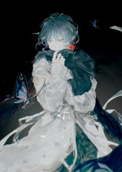 1other black_pants black_scarf blue_hair bug butterfly coat dark_background earrings flower grey_eyes hair_between_eyes hand_up highres insect jewelry long_coat long_sleeves looking_down messy_hair original pants red_flower ringein scarf short_hair solo white_coat