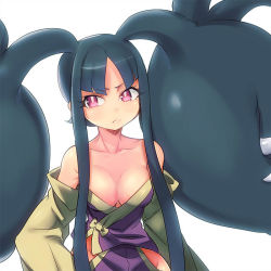 10s 1girl annoyed bare_shoulders black_hair blush breasts cleavage collarbone extra_mouth eyelashes female_focus frown gen_3_pokemon japanese_clothes kimono living_hair long_hair looking_away mawile mega_mawile mega_pokemon naso4 nintendo off_shoulder open_clothes open_kimono personification pokemon pokemon_xy purple_eyes red_eyes sidelocks simple_background solo teeth upper_body white_background