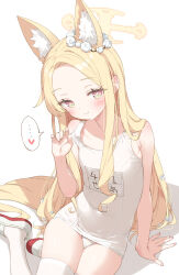 ... 1girl animal_ear_fluff animal_ears bare_arms bare_shoulders blonde_hair blue_archive blush breasts closed_mouth commentary_request flower forehead fox_ears hair_flower hair_ornament halo hand_up heart highres kani_biimu loli long_hair old_school_swimsuit one-piece_swimsuit parted_bangs rose school_swimsuit seia_(blue_archive) shoes sitting small_breasts smile solo spoken_ellipsis spoken_heart strap_lift swimsuit thighhighs uwabaki very_long_hair white_flower white_one-piece_swimsuit white_rose white_shoes white_thighhighs yellow_eyes yokozuwari