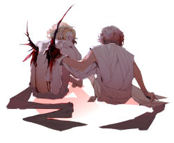 2boys amputee back barefoot bleeding blonde_hair blood blood_in_hair blood_on_arm blood_on_clothes blood_on_face blood_on_hands character_request copyright_request covered_mouth covering_face covering_own_mouth cracked_skin facing_away from_behind full_body glowing glowing_eyes glowing_wings grey_hair highres holding injury japanese_clothes knee_up knees_up long_sleeves looking_at_viewer male_focus mechanical_wings missing_limb multicolored_hair multiple_boys nezumiayasha outstretched_arm red_eyes red_hair robe sash short_hair simple_background single_wing sitting sleeveless toga topless_male wavy_hair white_background wings