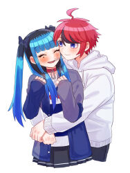 1boy 1girl amemiya_darumi black_bow black_hair black_skirt blue_eyes blue_hair blush bow closed_eyes collar grabbing_from_behind grey_jacket hands_up highres hood hoodie jacket multicolored_hair pleated_skirt red_collar red_hair safety_pin shirt short_hair skirt striped_clothes striped_shirt sumino_takumi the_hundred_line_-last_defense_academy- twintails upper_body white_background white_hoodie