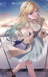 1girl aizawa_ema aizawa_ema_(3rd_costume) ankle_garter aqua_dress aqua_eyes aqua_hair aqua_nails bag bare_legs belt blonde_hair blunt_bangs bow breasts brown_dress brown_shawl buttons commentary_request cup disposable_coffee_cup disposable_cup dress earrings floral_print_dress flower_earrings flower_hairband footwear_bow frilled_sleeves frilled_socks frills glint gradient_hair handbag highres holding holding_cup jewelry layered_dress light_blush long_hair looking_ahead mary_janes medium_breasts multicolored_hair official_alternate_costume open_mouth print_dress see-through_skirt_layer shawl shinomiya_ino shoes short_dress sky smile socks solo two-tone_dress virtual_youtuber vspo! walking