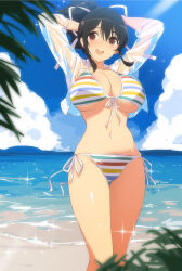 1girl :d arms_behind_head arms_up asuka_(senran_kagura) beach bikini black_hair blue_sky breasts brown_eyes cleavage cloud commentary_request cropped_shirt hair_ribbon highres large_breasts medium_hair midriff multicolored_stripes navel ocean open_clothes open_mouth open_shirt outdoors ponytail ribbon see-through_clothes see-through_shirt senran_kagura shirt side-tie_bikini_bottom sky smile solo sparkle striped_bikini striped_clothes swimsuit teeth tree upper_teeth_only water wet wet_clothes wet_shirt white_ribbon white_shirt yaegashi_nan