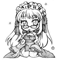 1girl arch_bishop_(ragnarok_online) bow breasts chibi chibi_only cleavage_cutout clothing_cutout commentary_request cross fishnet_thighhighs fishnets frilled_hairband frills full_body glasses greyscale hair_bow hairband juliet_sleeves kamui_setsuna kiseru lineart long_hair long_sleeves looking_at_viewer medium_breasts monochrome open_mouth puffy_sleeves ragnarok_online sash seiza simple_background sitting smoking_pipe solo star-shaped_pupils star_(symbol) symbol-shaped_pupils thighhighs
