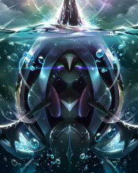 8686island air_bubble bubble commentary_request eyelashes gen_7_pokemon glowing glowing_eyes legendary_pokemon light_trail nintendo no_humans outstretched_arms partially_underwater_shot pokemon pokemon_(creature) solo submerged tapu_fini textless_version underwater water