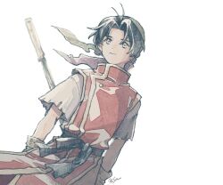 1boy antenna_hair bandana belt black_belt black_hair brown_eyes brown_gloves closed_eyes gensou_suikoden gensou_suikoden_i gloves gold_trim green_bandana holding holding_staff male_focus michibata_65 parted_bangs red_tunic shirt short_hair solo staff standing tir_mcdohl torn_clothes torn_sleeves tunic white_background white_shirt wind