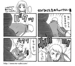 4koma cing comic greyscale hotel_dusk kyle_hyde lowres mila_evans monochrome