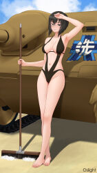 1girl arm_up armpits arms_up artist_name bare_legs barefoot bikini black_bikini black_hair black_one-piece_swimsuit black_slingshot_swimsuit blue_sky breasts broom brown_eyes brown_hair cleavage closed_mouth cloud collarbone day emblem feet full_body girls_und_panzer groin holding holding_broom jagdpanzer_38(t) kawashima_momo large_breasts legs looking_at_viewer medium_hair military_vehicle monocle motor_vehicle navel one-piece_swimsuit ooarai_(emblem) oslight outdoors short_hair sky slingshot_swimsuit smile soap_bubbles solo standing swimsuit tank toes