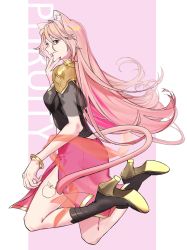 1girl animal_ears apple bangle black_boots black_shirt boots bracelet cat_ears cat_girl cat_tail character_name crop_top food from_behind fruit full_body hair_between_eyes hand_to_own_mouth high_heel_boots high_heels highres holostars jewelry juu_(45_jujut) leg_tattoo legs_up long_hair looking_at_viewer looking_back nail_polish orange_shawl parted_lips phruity pillarboxed pink_background pink_eyes pink_hair pink_nails pink_skirt see-through_clothes see-through_shawl see-through_sleeves shawl shirt short_sleeves side_slit simple_background skirt smile solo tail tattoo