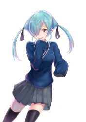 1girl black_ribbon black_thighhighs blue_hair blue_sweater_vest cowboy_shot grey_skirt hair_over_one_eye hair_ribbon hand_up liclac long_hair looking_at_viewer open_mouth pleated_skirt red_eyes ribbon school_uniform simple_background skirt sleeves_past_fingers sleeves_past_wrists smile solo sweater_vest takigawa_noa thighhighs twintails white_background yamada-kun_to_7-nin_no_majo