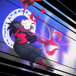 Rule 34 | 1girl, aiming, ancient rabbit, antlers, arrow (projectile), bandaged leg, bandages, barefoot, black capelet, black skirt, blue background, bow (weapon), capelet, celesionnn, closed mouth, commentary, dark-skinned female, dark skin, drawing bow, english commentary, full body, fusion, highres, holding, holding bow (weapon), holding weapon, horns, looking afar, magic circle, rabbit and steel, red horns, red shirt, shirt, short hair, skirt, sniper rabbit, solo, very dark skin, weapon, white hair