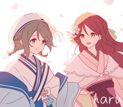 2girls :d absurdres beret blue_eyes blue_jacket blue_sash braid capelet cherry_blossoms chinese_commentary closed_mouth commentary_request double-parted_bangs eye_contact falling_petals floating_hair flower friends genjitsu_no_yohane green_ribbon grey_hair hair_bun hair_flower hair_ornament hair_ribbon half_updo hat hat_ribbon highres jacket japanese_clothes kanzashi kimono long_hair looking_at_another love_live! love_live!_sunshine!! meeeeei multiple_girls obijime off_shoulder official_alternate_costume official_alternate_hairstyle open_clothes open_jacket open_mouth petals pink_kimono pink_petals pink_sash red_hair ribbon riko_(genjitsu_no_yohane) sailor_hat sakurauchi_riko sash short_hair side_up_bun simple_background single_side_bun smile split_mouth twin_braids upper_body watanabe_you white_background white_capelet white_kimono witch_hat yellow_eyes you_(genjitsu_no_yohane)