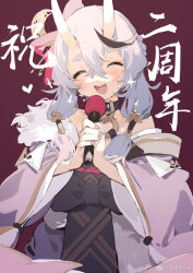 Rule 34 | 1girl, ^ ^, bare shoulders, black bow, bow, character request, chinese commentary, chinese text, closed eyes, collarbone, commentary request, copyright request, cowboy shot, crossed bangs, demon horns, eyelashes, fur-trimmed kimono, fur trim, gradient hair, grey hair, hair between eyes, hair ribbon, heart, highres, horns, japanese clothes, kimono, light blush, long hair, multicolored hair, music, nape braid, open mouth, pink ribbon, pointy ears, purple background, purple kimono, ribbon, sh (shinh), simple background, singing, skin-covered horns, smile, solo, sparkle, standing, teeth, translation request, two-tone hair, upper teeth only, waist bow, watermark, weibo watermark, white hair