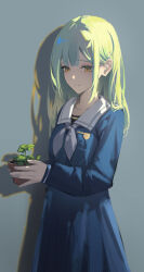 Rule 34 | 1girl, airool, bang dream!, bang dream! it&#039;s mygo!!!!!, blue serafuku, breast pocket, chinese commentary, closed mouth, collarbone, commentary request, cowboy shot, flower pot, green hair, grey background, grey neckerchief, hair ornament, hairclip, highres, holding, holding flower pot, long hair, long sleeves, looking at object, neckerchief, plant, pocket, potted plant, sailor collar, school uniform, serafuku, sidelighting, smile, solo, sprout, standing, tsukinomori school uniform, wakaba mutsumi, white sailor collar, winter uniform, yellow eyes