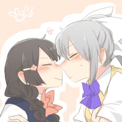 Rule 34 | 2girls, black hair, blush, bow, braid, brown background, chibi, closed eyes, closed mouth, collared shirt, ear blush, from side, grey hair, hair bow, hair ornament, hair over shoulder, hairclip, heart, higuchi kaede, higuchi kaede (3rd costume), long hair, low twintails, multiple girls, nijisanji, noses touching, outline, pink bow, ponytail, profile, purple bow, rebecca (keinelove), school uniform, shirt, smile, sweater vest, tsukino mito, tsukino mito (summer uniform), twin braids, twintails, virtual youtuber, white bow, white outline, white shirt