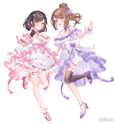 Rule 34 | 2girls, :d, bare shoulders, black hair, blush, bow, breasts, brown hair, cleavage, detached collar, dress, full body, hair ornament, high heels, leg up, long hair, looking at viewer, medium breasts, multiple girls, official art, ongeki, open mouth, purple eyes, sakurai haruna (ongeki), saotome ayaka, sega, sidelocks, smile, standing, standing on one leg, thighhighs, twitter username, wasabi (sekai), white background, yellow eyes