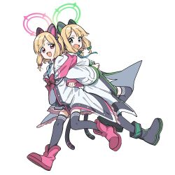 2girls animal_ear_headphones animal_ears black_boots black_skirt blonde_hair blue_archive boots cat_ear_headphones coat collared_shirt ebifried fake_animal_ears green_eyes halo headphones long_sleeves looking_at_viewer midori_(blue_archive) momoi_(blue_archive) multiple_girls open_clothes open_coat open_mouth pink_boots pink_eyes shirt siblings simple_background skirt suspender_skirt suspenders thighhighs twins white_background white_coat white_shirt