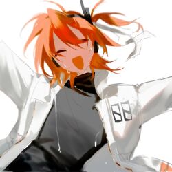 1girl a.i._voice adachi_rei black_shirt facial_hair hair_ribbon highres hot jacket leaning_to_the_side open_clothes open_jacket orange_hair outstretched_arm ribbon shirt side_ponytail simple_background solo sweat upper_body utau white_background white_jacket white_ribbon wll15886341