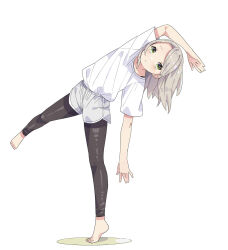 1girl barefoot black_leggings blonde_hair commentary_request dolphin_shorts full_body green_eyes grey_shorts highres leggings open_mouth original pa._(tatuya28001) parted_lips shirt shirt_tucked_in short_sleeves shorts simple_background standing standing_on_one_leg stretching white_background white_shirt