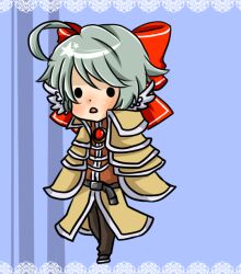 Rule 34 | 1boy, ahoge, belt, black belt, black shoes, blue background, border, bow, brown cape, brown pants, brown shirt, cape, chibi, chibi only, commentary request, full body, green hair, hair bow, lace, lace border, looking at viewer, male focus, meiko (nattu303), open mouth, ornate border, pants, ragnarok online, red bow, sage (ragnarok online), shirt, shoes, short hair, solid circle eyes, solo, standing, waist cape