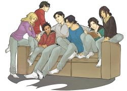 2girls 5boys batgirl batman batman_(series) black_hair black_hoodie blonde_hair blue_shirt book brother_and_sister brothers bruce_wayne cassandra_cain collared_shirt couch couple damian_wayne dark_skin dc_comics denim dick_grayson family father_and_daughter father_and_son green_hoodie hood hoodie jason_todd jeans matching_outfits multiple_boys multiple_girls nightwing open_book pants ponytail purple_shirt reading red_hood_(dc) red_hoodie red_robin red_shirt robin_(dc) shirt siblings sitting socks spoiler stephanie_brown tim_drake transparent_background white_legwear