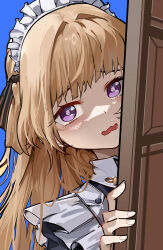 Rule 34 | 1girl, absurdres, alternate costume, black bow, blonde hair, blue background, blush, bow, commentary, doorway, embarrassed, english commentary, enmaided, hair bow, highres, long hair, looking at viewer, maid, maid headdress, md5 mismatch, open mouth, phoebe (wuthering waves), portrait, pov doorway, purple eyes, resolution mismatch, ryeon (naturesan), solo, source larger, tearing up, wuthering waves