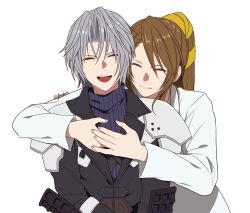 1boy 1girl aged_down armor black_coat blue_sweater brown_hair closed_eyes closed_mouth coat facing_viewer final_fantasy final_fantasy_vii final_fantasy_vii_ever_crisis grey_hair high_ponytail hug hug_from_behind igusaharu long_hair long_sleeves lucrecia_crescent open_mouth ponytail ribbed_sweater sephiroth sephiroth_(ever_crisis) short_hair shoulder_armor smile sweater turtleneck turtleneck_sweater twitter_username upper_body white_background white_coat