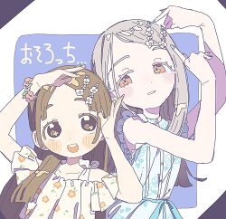 Rule 34 | 2girls, :d, arms up, bare arms, blonde hair, blue background, blue dress, blue nails, blush, brown eyes, brown hair, colored eyelashes, commentary, dot nose, dress, facing viewer, floral print, flower, flower in eye, forehead, frilled sleeves, frills, gakuen idolmaster, grin, hair flower, hair ornament, highres, idolmaster, index finger raised, kuramoto china, long hair, looking at another, looking to the side, multiple girls, nama udon, open mouth, orange eyes, parted bangs, parted lips, shinosawa hiro, shirt, short sleeves, smile, straight hair, symbol in eye, tareme, teeth, translated, upper body, upper teeth only, white background, white flower, white shirt