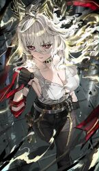 Rule 34 | 1girl, absurdres, bad id, bad twitter id, black gloves, black horns, black pants, blonde hair, breasts, bright pupils, cleavage, clenched hand, closed mouth, commentary, curled horns, gloves, hair between eyes, hand up, highres, horns, large breasts, long hair, looking at viewer, necktie, necktie around wrists, pants, red eyes, red necktie, school uniform, shirt, shirt tucked in, solo, sonchi, symbol-only commentary, white pupils, white shirt, wuthering waves, zani (wuthering waves)