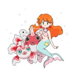 1girl air_bubble asymmetrical_hair bikini breasts bubble closed_mouth earrings eyelashes fangs gen_1_pokemon goldeen green_eyes gym_leader hair_ornament jewelry long_hair looking_at_viewer mermaid mermaid_misty_(pokemon) misty_(pokemon) monster_girl monsterification navel necklace nintendo orange_hair pokemon pokemon_(anime) pokemon_(classic_anime) pokemon_rgby ponytail seaking seashell shell shell_bikini side_ponytail smile solo swimsuit underwater