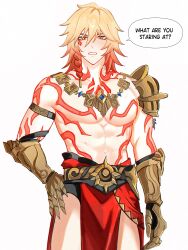 Rule 34 | 1boy, abs, arm tattoo, armor, blonde hair, braid, chest tattoo, clawed gauntlets, commentary, english commentary, facial tattoo, gold necklace, gradient hair, hair between eyes, highres, honkai: star rail, honkai (series), jewelry, looking at viewer, male focus, medium hair, moonya, multicolored hair, mydei (honkai: star rail), navel, necklace, pauldrons, pelvic curtain, red hair, red tattoo, shoulder armor, side braid, simple background, single pauldron, solo, tattoo, toned, toned male, white background, yellow eyes