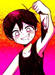1boy antenna_hair arm_up black_tank_top blood bloody_knife blush colored_skin drooling highres holding holding_knife knife looking_at_viewer male_focus mewowem_omo mouth_drool official_alternate_eye_color omori omori_(omori) short_hair smile solo sweat tank_top teeth white_skin