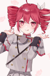 &gt;_&lt; 1girl ahoge buttons closed_mouth double-breasted double-parted_bangs drill_hair grey_jacket grey_skirt hair_ribbon hands_up highres jacket kasane_teto kasane_teto_(sv) long_sleeves looking_at_viewer pleated_skirt red_eyes red_hair red_nails red_trim ribbon shichishino shoulder_belt shoulder_pads skirt smile solo striped_clothes striped_jacket tongue tongue_out twin_drills upper_body utau white_background white_ribbon