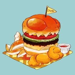 among_us artist_name blue_background burger cheese chips_(food) commentary dum_sticky_note food food_focus highres ketchup lettuce mini_flag no_humans pennant potato_wedges signature simple_background symbol-only_commentary tenmiyakiyo
