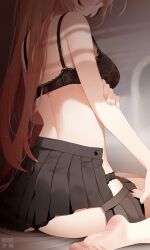 1girl artist_name bare_arms barefoot black_bra black_hair black_panties black_skirt blush bra breasts brown_hair commentary deyui english_commentary fanbox_logo feet hand_on_own_arm head_out_of_frame highres hololive hololive_english indoors lace lace_bra lace_panties long_hair median_furrow medium_breasts multicolored_hair nanashi_mumei no_shirt open_clothes open_skirt panties patreon_logo sitting skirt soles solo streaked_hair toe_scrunch toenails toes underwear undone_skirt virtual_youtuber white_hair