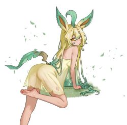 1girl animal_ears ass barefoot blonde_hair dress feet gen_4_pokemon gradient_background highres humanization leafeon long_hair looking_at_viewer multicolored_hair nihu nintendo pokemon soles toes two-tone_hair yellow_eyes
