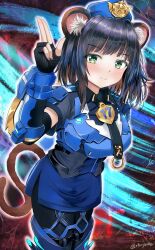 Rule 34 | 1girl, animal ears, armor, black gloves, black hair, blue armor, blue hat, blue skirt, breasts, brown hair, brown tail, cowboy shot, duel monster, fingerless gloves, gloves, green eyes, hat, highres, k9 - #17 izuna, large breasts, multicolored hair, pantyhose, salute, school uniform, short hair, skirt, solo, staryume, streaked hair, twitter username, two-finger salute, two-tone hair, weasel ears, weasel girl, yu-gi-oh!